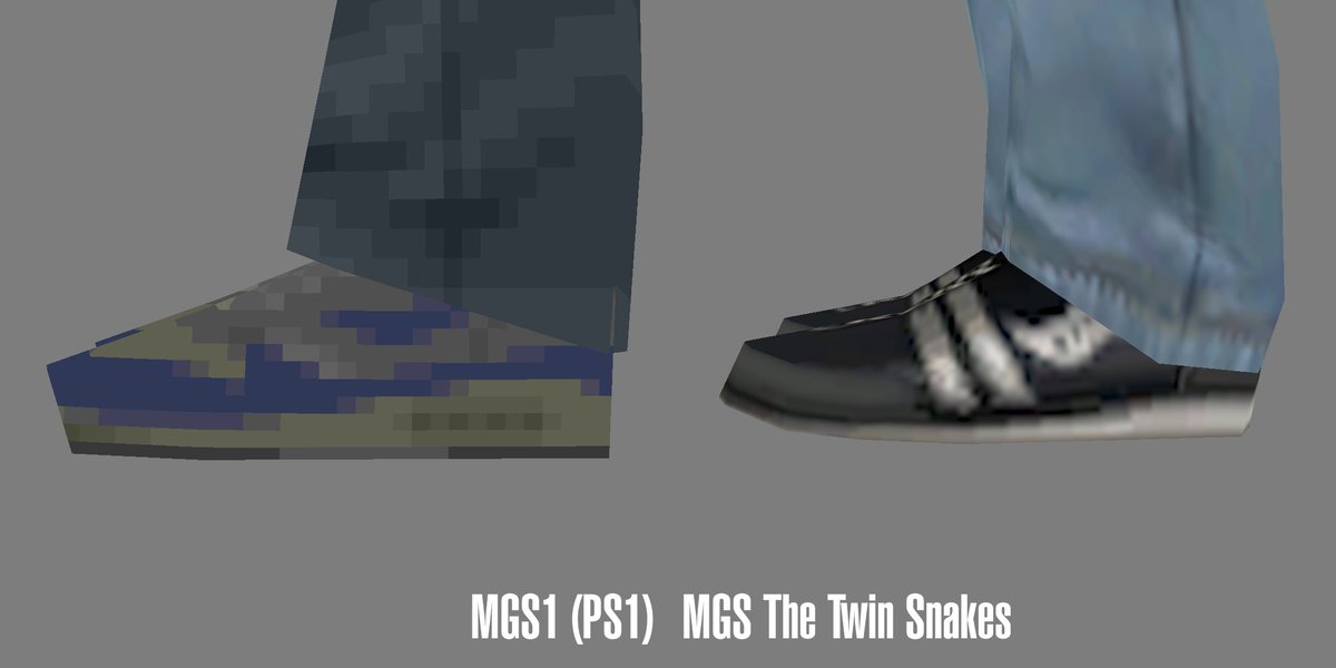 MBJ_01's tweet photo. Thanks to @otac0n , I was able to extract the Otacon model from TTS because there's one thing bothers me about him and that is; his shoes.

In the original PS1 version, he wears Nike shoes but in TTS, he wears Adidas (?), similar in MGS2.

Did he just change brands? https://t.co/Qpnr8MA7BK