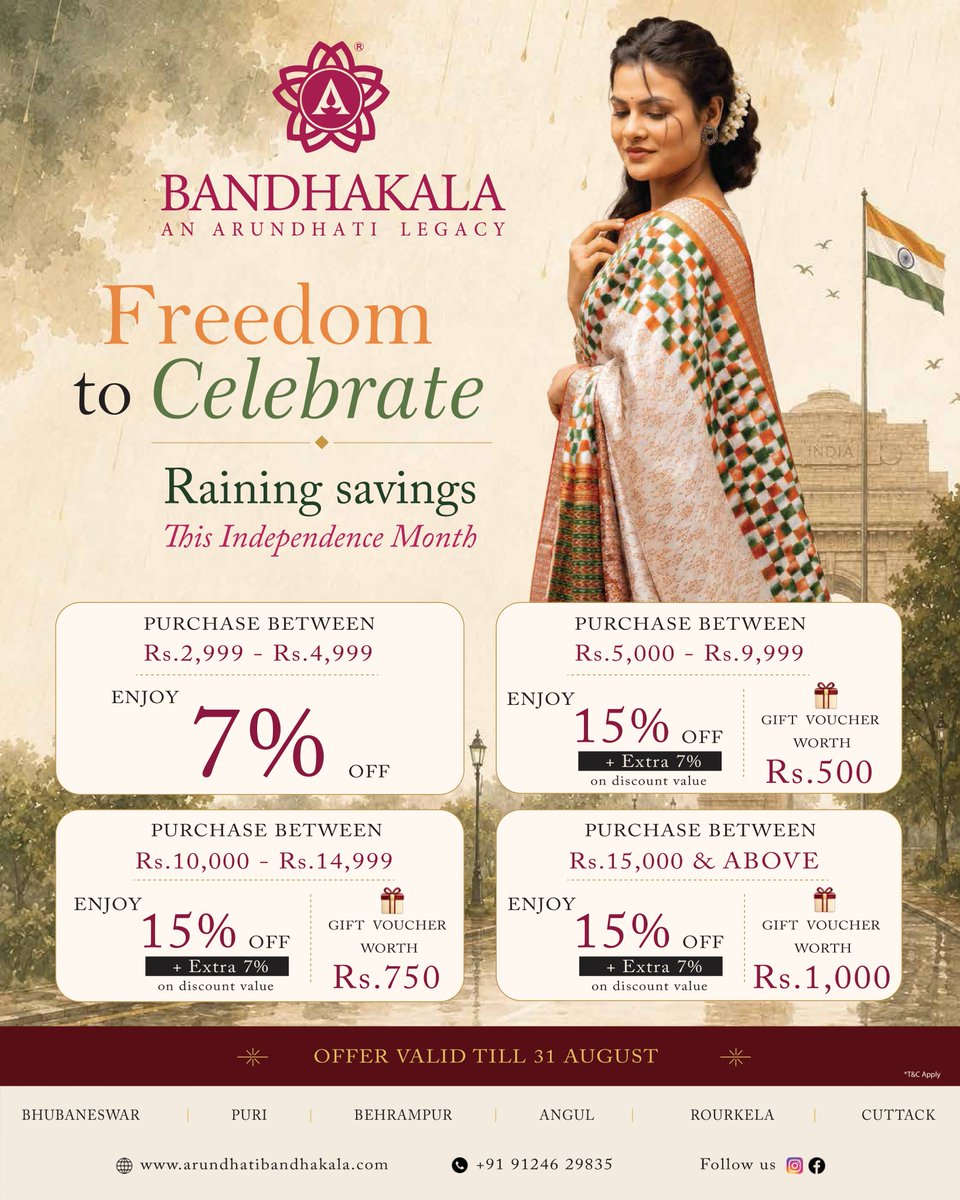 bandhakala's tweet photo. Our 𝑭𝒓𝒆𝒆𝒅𝒐𝒎 𝒕𝒐 𝑪𝒆𝒍𝒆𝒃𝒓𝒂𝒕𝒆 campaign is now live, 

📍 Visit your nearest 𝐀𝐫𝐮𝐧𝐝𝐡𝐚𝐭𝐢 𝐁𝐚𝐧𝐝𝐡𝐚𝐤𝐚𝐥𝐚 store.
📞 For enquiries: 𝟗𝟏𝟐𝟒𝟔 𝟐𝟗𝟖𝟑𝟓

#FreedomToCelebrate #SambalpuriSilk #HandloomLove #OdishaCraft #SupportHandloom #WearYourHeritage https://t.co/iN3TijandX