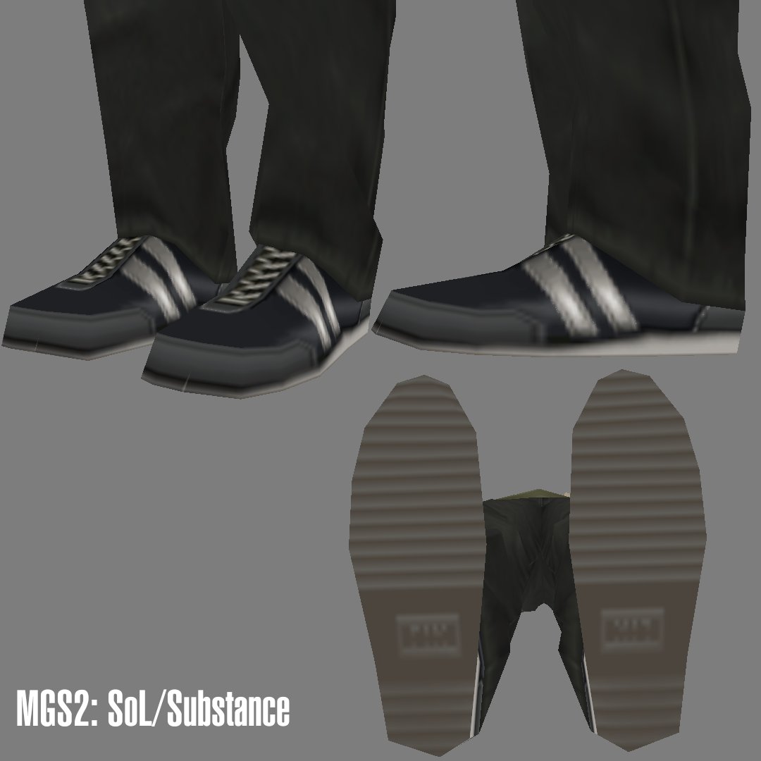 MBJ_01's tweet photo. Thanks to @otac0n , I was able to extract the Otacon model from TTS because there's one thing bothers me about him and that is; his shoes.

In the original PS1 version, he wears Nike shoes but in TTS, he wears Adidas (?), similar in MGS2.

Did he just change brands? https://t.co/Qpnr8MA7BK