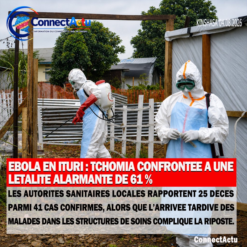 ConnectActu's tweet photo. Ebola en Ituri : Tchomia confrontée a une létalité alarmante de 61 %
À Tchomia, 25 décès ont été enregistrés parmi 41 cas confirmés, soit une létalité de 61 %, selon les autorités sanitaires locales.

Lie l'article https://t.co/RFLPU2W3bh https://t.co/8fprIM0gO5