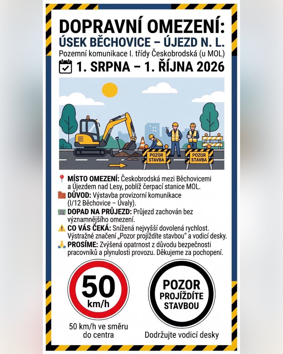 mcbechovice's tweet photo. 🚧  UPOZORNĚNÍ PRO ŘIDIČE:

Milí Běchovičáci, vážení řidiči,

od soboty 1. srpna do 1. října 2026 dochází k přechodné úpravě provozu na pozemní komunikaci I. třídy Českobrodská.

Děkujeme za pochopení a trpělivost! 🙏 https://t.co/uERMLSnrrT