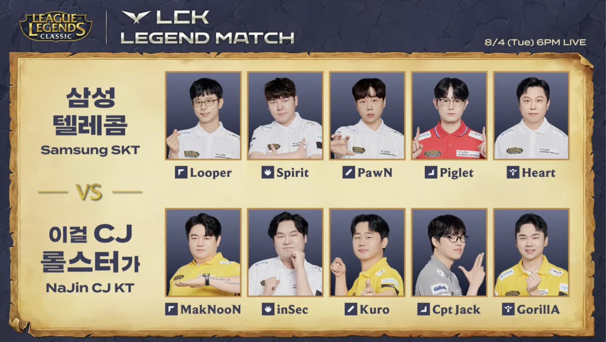 LCK's tweet photo. The League Classic: LCK LEGEND MATCH starts now!

Join us for Team Samsung SKT vs Team NaJin CJ KT in just an hour!

📺 CHZZK, SOOP, Twitch, YouTube https://t.co/tedEyzikKC