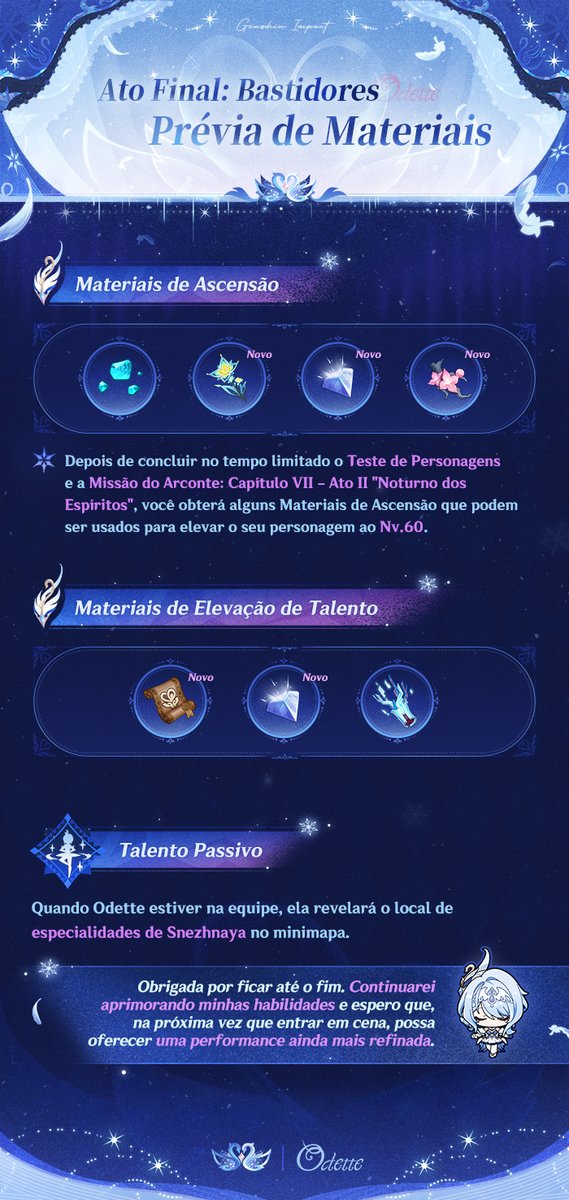 BRGenshinImpact's tweet photo. Apresentação das Habilidades de Personagem — "Graça Girante na Neve" - Odette
#GenshinImpact #Odette #NowSnezhnaya #GenshinSnezhnaya

Olá, Viajante~ Hoje, Odette traz uma nova apresentação com um estilo diferente do habitual. Venha conferir o lado mais afiado dela~
O evento de Oração "Silhueta de Cisne no Gelo" será aberto após a atualização da Versão 7.0 (12/08) — a taxa de drop de "Graça Girante na Neve - Odette (Cryo)" receberá um grande aumento!