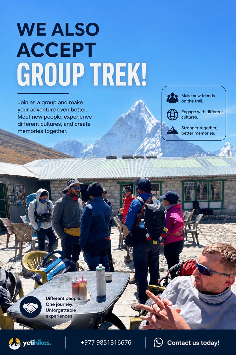yetihikes's tweet photo. Every great trek is better when shared. 🏔️
Join our group treks to meet fellow adventurers, experience diverse cultures, build lifelong friendships, and create unforgettable memories in the Himalayas.

#YetiHikes #GroupTrek #TrekTogether #HimalayanAdventure #VisitNepal #Nepal https://t.co/hjhvwLRzDE
