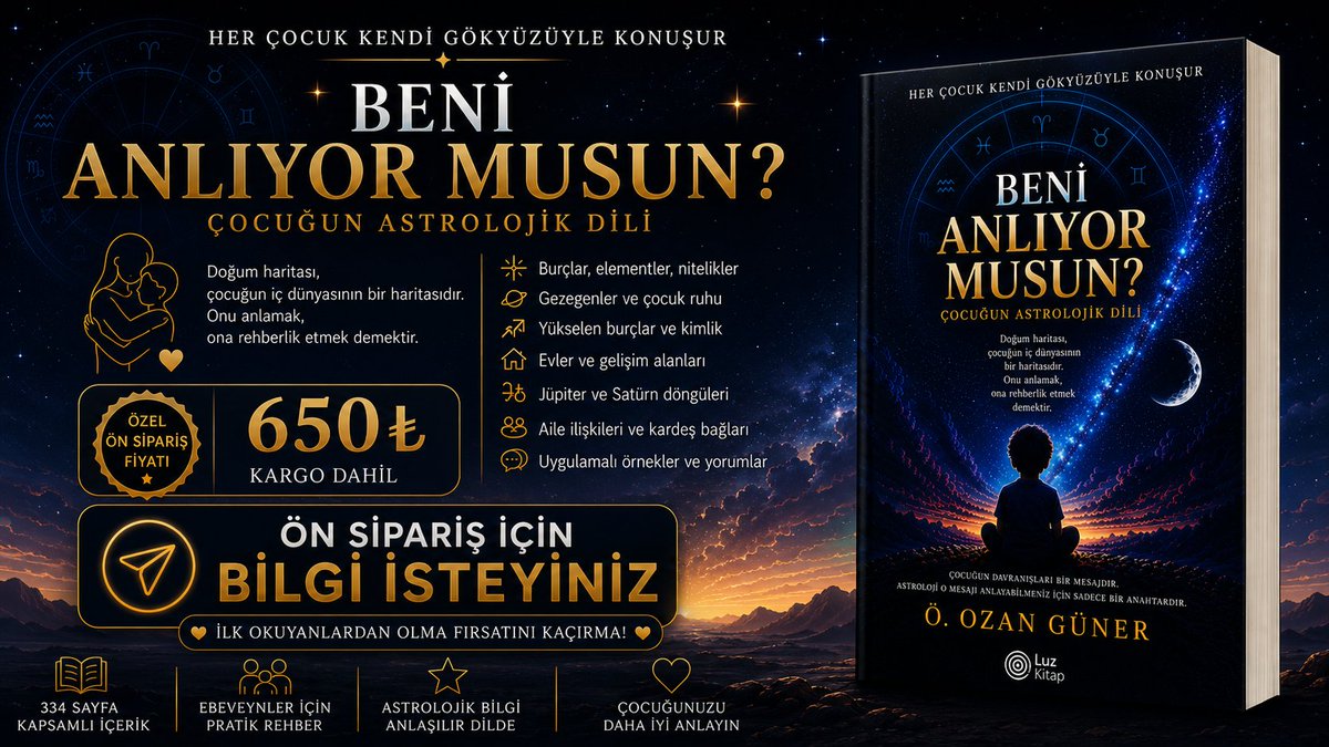 Ozan_guner's tweet photo. Beni Anlıyor musun?
Çocuğun Astrolojik Dili

Her çocuk, dünyaya kendine özgü bir karakter, duygu dünyası ve gelişim ritmiyle gelir. Kimi çocuk hareket ederek, kimi konuşarak, kimi sessizce gözlemleyerek, kimi ise duygularıyla çevresini anlamaya çalışır. Ebeveynlerin karşısındaki temel soru ise çoğu zaman aynıdır: Çocuğumu gerçekten anlayabiliyor muyum?

Beni Anlıyor musun? Çocuğun Astrolojik Dili, doğum haritasını çocuğun mizacını, ihtiyaçlarını, kendini ifade etme biçimini ve aile ilişkilerinden nasıl etkilendiğini anlamaya yardımcı olan sembolik bir rehber olarak ele alıyor.

Kitapta burçlar, elementler, nitelikler, gezegenler, yükselen burçlar, evler ve açılar; çocukların davranışları ve gelişim süreçleri açısından açıklanıyor. Güneş, Ay, Merkür, Venüs ve Mars’ın çocuk dünyasındaki anlamlarının yanı sıra Jüpiter ve Satürn döngüleri, anne-baba figürleri, kardeş ilişkileri, ikiz çocukların haritaları ve aile bağları da kapsamlı biçimde inceleniyor.

Bu kitap, çocukları kalıplara yerleştirmek ya da onlar hakkında kesin hükümler vermek için değil; onların farklılıklarını fark etmek, ihtiyaçlarını daha doğru okuyabilmek ve ebeveyn-çocuk arasındaki iletişimi güçlendirmek amacıyla hazırlandı.
Çünkü bir çocuğu sevmek kadar, ona sevgimizi anlayabileceği bir dille gösterebilmek de önemlidir.

Bu formu doldurmanız halinde ön spiarşiniz alınmış olacaktır

Ön Sipariş İçin: https://t.co/w7XCYqEjRa