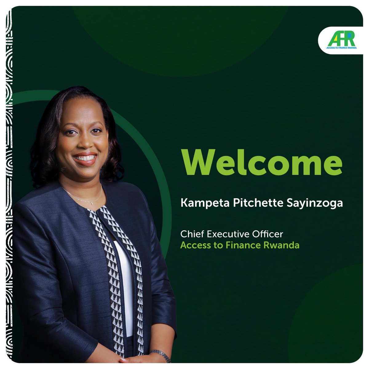 AFRwanda's tweet photo. We are delighted to announce the appointment of Kampeta Pitchette Sayinzoga @Ksayinzoga as Chief Executive Officer of @AFRwanda, effective 1 August 2026.

Ms. Kampeta joins AFR at an important moment as we begin implementing our new strategic framework and deepen our contribution to #Rwanda's financial sector.

Her experience in institution building, partnership development and inclusive finance will be invaluable as AFR continues to expand its impact.

Please join us in welcoming Ms. Kampeta to the AFR family.
