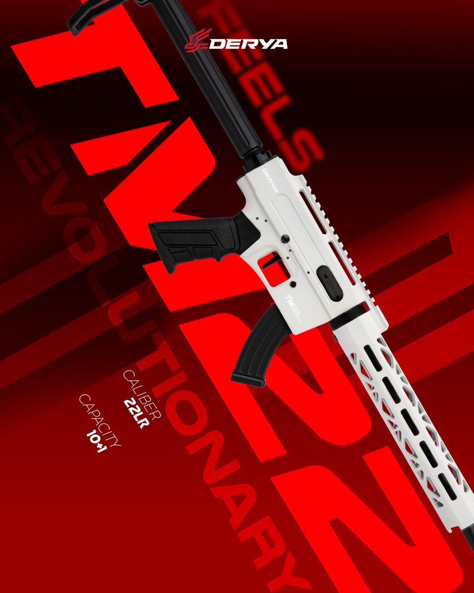 DeryaArms's tweet photo. Derya TM22-A-18 C109

The Derya TM22-A-18 combines modern engineering, premium materials, and a modular design to deliver an exceptional .22 LR shooting experience.

🔹 Caliber: .22 LR
🔹 Capacity: 10+1
🔹 Lightweight aluminum receiver for enhanced durability
🔹 Flat trigger for a crisp and consistent trigger pull
🔹 Full-length Picatinny rail for optics and accessories
🔹 Compatible with commercial buffer tube stock options
🔹 1/2×28 UNEF threaded barrel for compatibility with muzzle accessories
🔹 Available 15-round and 25-round magazine options

Whether you're training, improving your marksmanship, or enjoying a day at the range, the Derya TM22-A-18 is engineered to deliver outstanding reliability, accuracy, and customization.