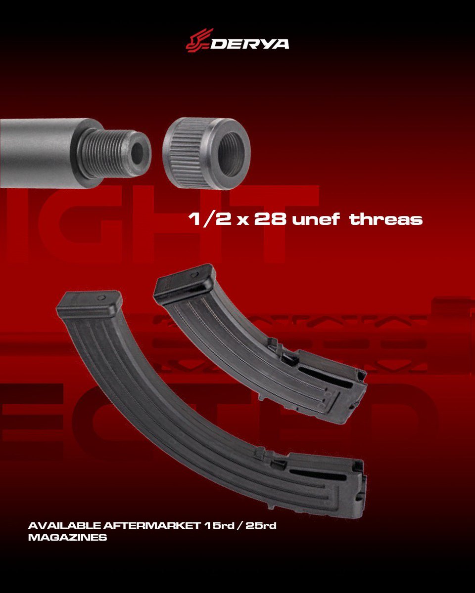 DeryaArms's tweet photo. Derya TM22-A-18 C109

The Derya TM22-A-18 combines modern engineering, premium materials, and a modular design to deliver an exceptional .22 LR shooting experience.

🔹 Caliber: .22 LR
🔹 Capacity: 10+1
🔹 Lightweight aluminum receiver for enhanced durability
🔹 Flat trigger for a crisp and consistent trigger pull
🔹 Full-length Picatinny rail for optics and accessories
🔹 Compatible with commercial buffer tube stock options
🔹 1/2×28 UNEF threaded barrel for compatibility with muzzle accessories
🔹 Available 15-round and 25-round magazine options

Whether you're training, improving your marksmanship, or enjoying a day at the range, the Derya TM22-A-18 is engineered to deliver outstanding reliability, accuracy, and customization.