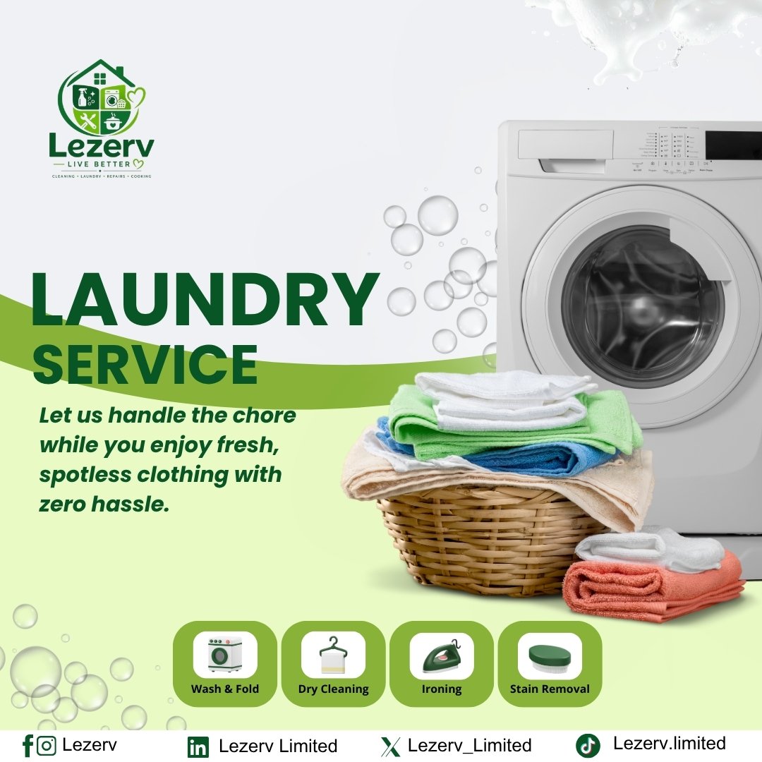 Lezerv_Limited's tweet photo. Say goodbye to laundry stress! 🧺✨ Let Lezerv handle the washing, folding, dry cleaning, ironing, and stains while you relax.
​#Lezerv #LiveBetter #LaundryService #DryCleaning #BBNaija https://t.co/KgFSwnVAh0