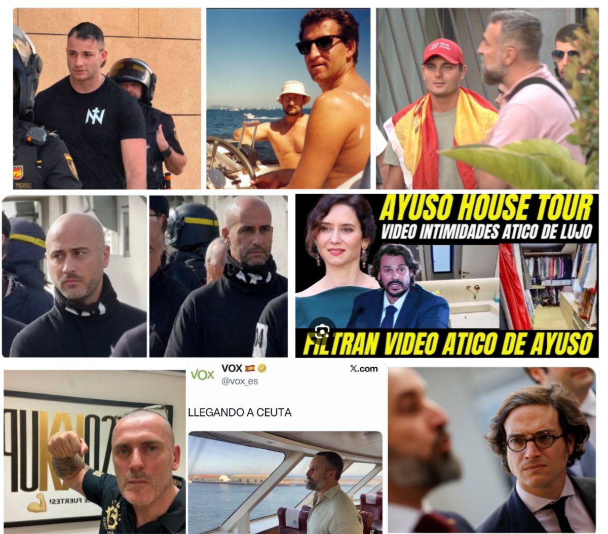 LaPanteraRoja6's tweet photo. Verano Azul:
• Nazis expulsados de Ceuta.
• Polis de baja disfrazados de nazis.
• Agitadores del PP huyendo.
• Otro Ático gratis para Ayuso. 
• Fachas pidiendo un alzamiento.
• Diputado de VOX pidiendo cazar seres humanos.
• Y Feijóo, sin saber que su amigo era un narco. https://t.co/5TOhSUjmwk