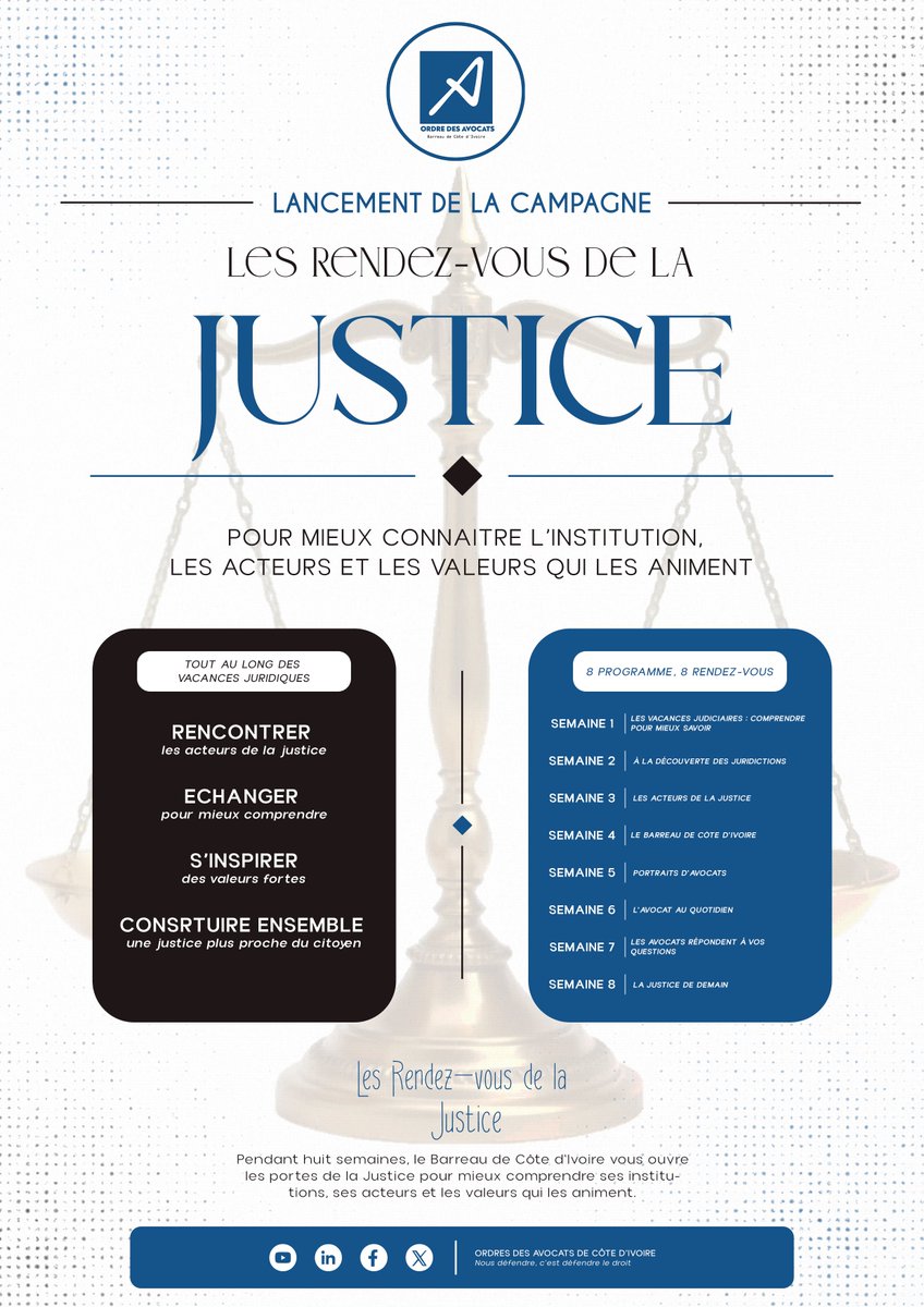 BarreaudeCI's tweet photo. La justice vous ouvre ses portes !

Le *Barreau de Côte d’Ivoire* vous donne rendez-vous pendant huit semaines pour mieux comprendre l’institution judiciaire, découvrir ses acteurs et partager les valeurs qui fondent leur engagement.

Au programme : les juridictions, https://t.co/AN4lvwpIDA