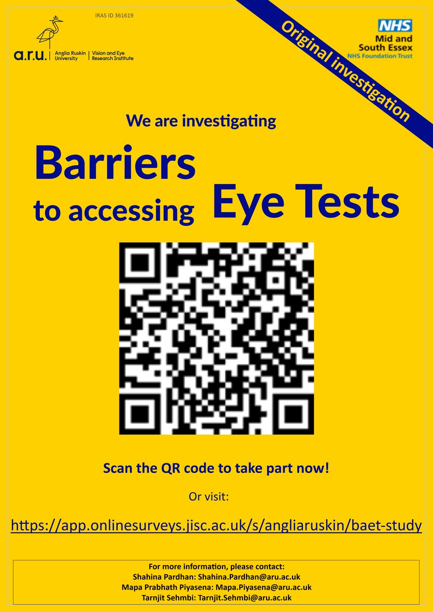 veri_aru's tweet photo. BARRIERS TO ACCESSING EYE TESTS IN THE UK 

Vision and Eye Research Institute (VERI) is investigating the barriers that people in the UK experience in accessing eye tests. 

Our study instrument is a short survey which you can fill out online https://t.co/wKJ6w13rD7 https://t.co/5p8A5At0nE
