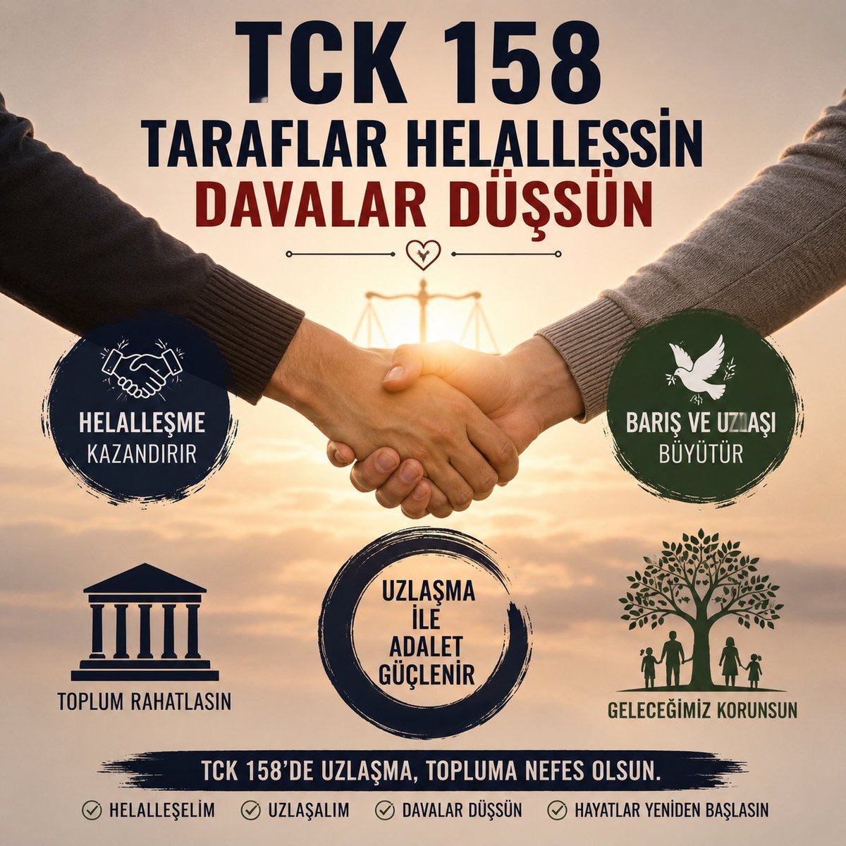tck158_tr's tweet photo. TCK 158 İçin Ayrımsız ve Adil Uzlaşma Bekliyoruz

Yargı Strateji Belgesi’nde, mal varlığına karşı işlenen suçlarda uzlaşma kapsamının genişletileceği ifade edilmektedir.

TCK 158 de mal varlığına karşı işlenen suçlar arasında yer almaktadır. Bu nedenle, yapılacak düzenlemelerde TCK 158 bakımından da adil, eşit ve ayrımsız bir yaklaşım benimsenmesini; bent veya fıkra ayrımı yapılmaksızın uzlaşma kapsamına alınmasını talep ediyoruz.

Uzlaştırma; yargının iş yükünün azaltılmasına katkı sağlayan, mağdurun zararının giderilmesini teşvik eden ve toplumsal barışın güçlenmesine hizmet eden önemli bir hukuki kurumdur.

Beklentimiz, eşitlik ilkesi gözetilerek TCK 158 yönünden de adil ve kapsayıcı bir düzenleme yapılmasıdır.