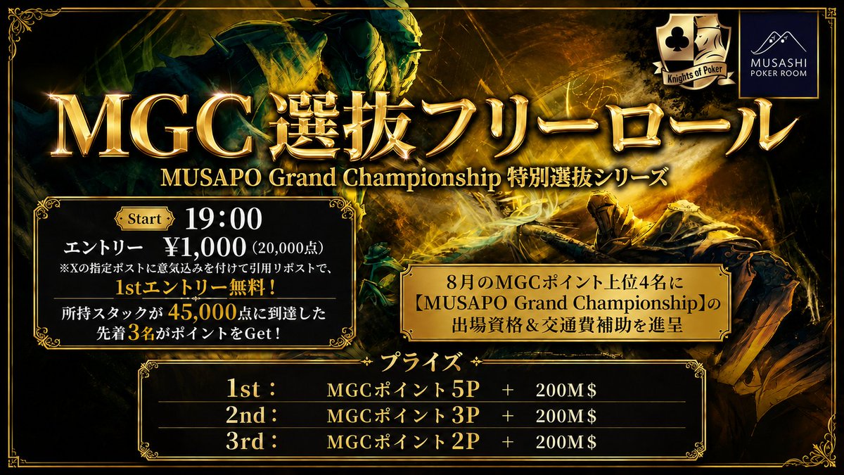 634poker_nagoya's tweet photo. 🏆MUSAPO Grand Championship 選抜シリーズ🏆
8月、むさぽ名古屋栄店で開催決定！

【MGC 選抜フリーロール】

㊙️この投稿に意気込みをつけて引用リポストで、初回エントリー無料

1st. MGCポイント5P + 200M$
2nd. MGCポイント3P + 200M$
3rd. MGCポイント2P + 200M$

対象トーナメントの月間ポイント上位4名に、Knights of Pokerで開催される【MUSAPO Grand Championship】への特別選抜選手権利＋交通費補助を進呈🔥

📅9月26日(土) 14:00～
📍渋谷 CLUB CAMELOT
💰参加費：5,000円
🎁プライズ還元率100％保証
🎥決勝卓は生配信予定
✨多数のゲストも参戦！

対象トーナメントなどの詳細は近��発表！
最新情報は 
@KOP_Japan
 をフォローしてお待ちください！