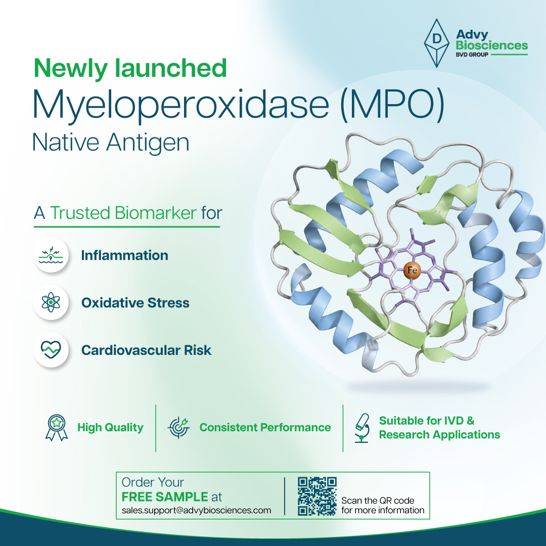 AdvyBiosciences's tweet photo. MPO is a key biomarker for inflammation, oxidative stress &amp; cardiovascular risk. Advy Biosciences offers high-quality MPO native antigen to support reliable assay development.

Contact: sales.support@advybiosciences.com

#MPO #IVD #Diagnostics #AdvyBiosciences #Bioreagents https://t.co/x5gYcr4EGm