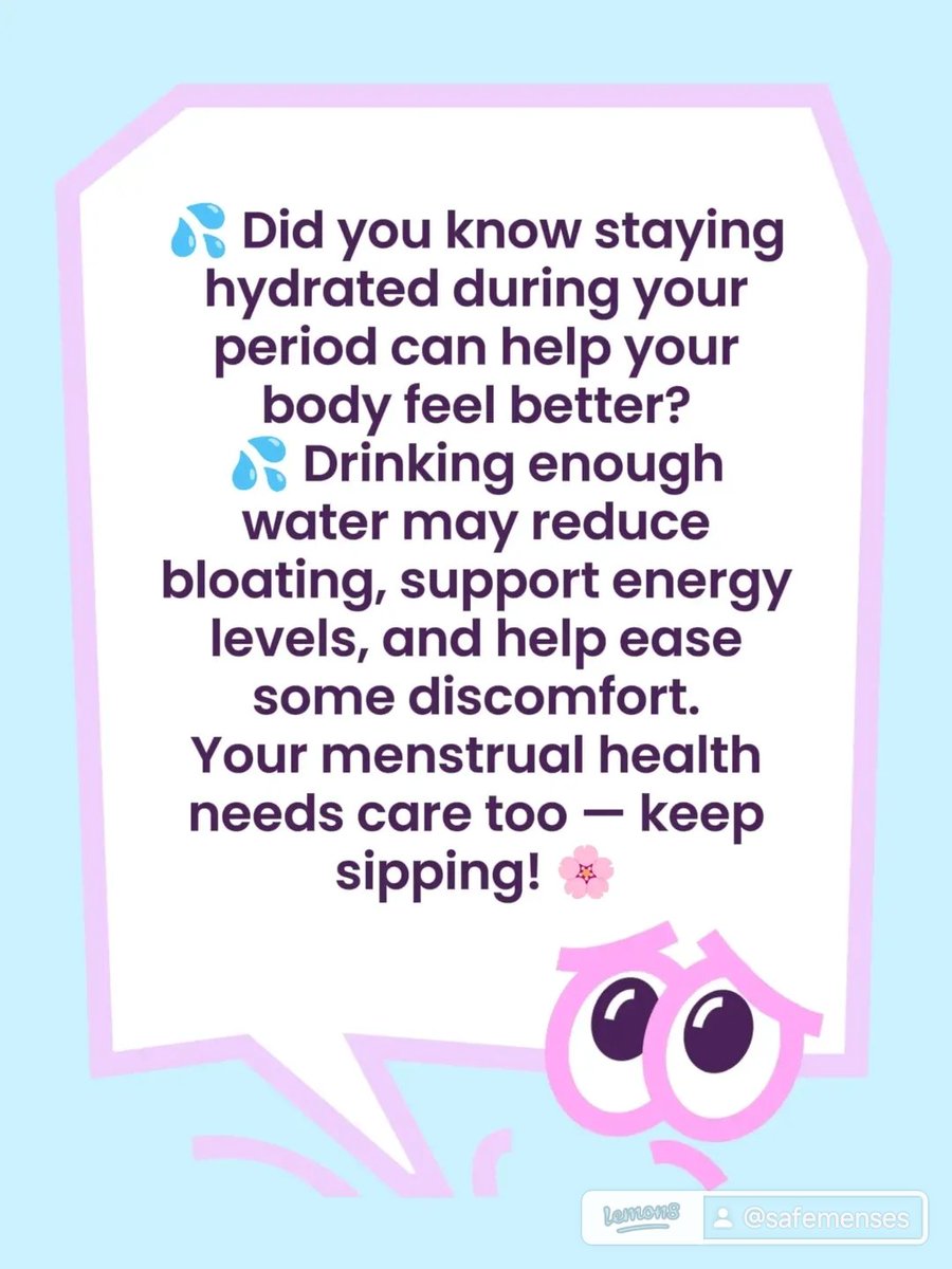 SafeMenses's tweet photo. 💦 Did you know staying hydrated during your period can help your body feel better?
💦 Drinking enough water may reduce bloating, support energy levels, and help ease some discomfort.
Your menstrual health needs care too — keep sipping! 🌸#health #water #viralvideos #fypシ゚viral https://t.co/LhrMJhpdCh