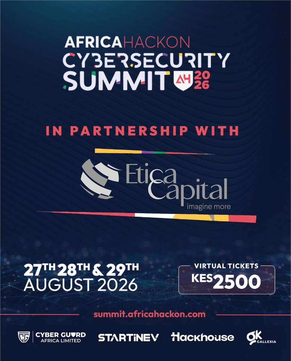 AfricaHackon's tweet photo. We’re excited to welcome Etica Capital as an official partner of the AfricaHackon Cybersecurity Summit 2026

Together, we’re bringing you three days of practical cybersecurity insights, expert speakers and conversations that matter.

Physical tickets are SOLD OUT. Virtual tickets are now available for KES 2,500. Don’t miss your chance to be part of Africa’s leading cybersecurity summit.

Comment or DM “SUMMIT” to receive the virtual ticket link and registration details.

#AfricaHackon #AfricaHackonSummit #CyberSecurity #TechCommunity #VirtualEvent