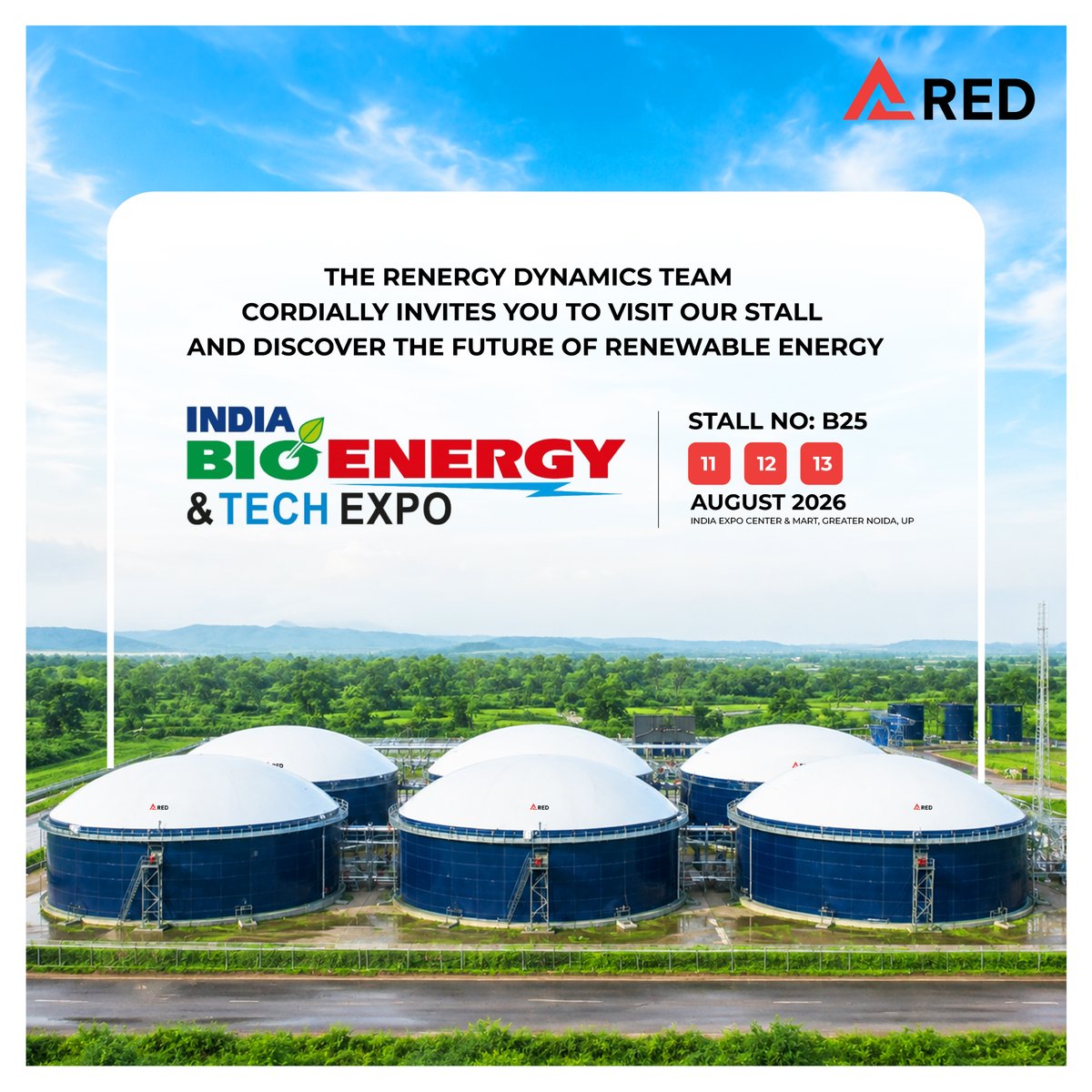 REnergyDynamics's tweet photo. Join the REnergy Dynamics team as we showcase our capabilities across the CBG value chain and discuss how integrated technology, project development and execution can accelerate India’s bioenergy transition.

📍 Stall No. B25
 📅 11–13 August 2026
 🏢 India Expo Center &amp; Mart https://t.co/MMINZKpQsd