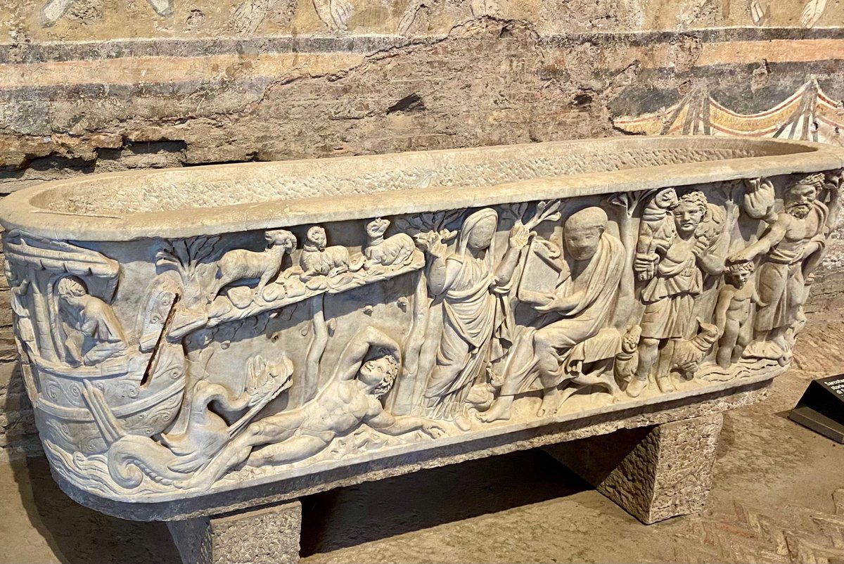 KatesfWriter's tweet photo. Roman sarcophagus with relief carving of individuals praying, Jesus’s baptism in the river Jordan, and the prophet Jonah. 

Made in a Roman workshop, AD 250-300, it is one of the first sarcophagi that is explicitly Christian in nature.

#TombTuesday
My 📷 St Maria Antiqua, Rome https://t.co/KBQJyrsU5a