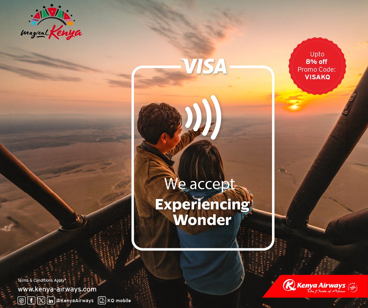 KenyaAirways's tweet photo. 😁Less "What If?" More "What a Trip."✨
That trip you've been putting off? This is your sign to book it.
🦁 5% OFF local flights within Kenya
🌍 8% OFF international flights to Kenya
🏷️ Use code: VISAKQ
Book Now: https://t.co/WXr0IrguUp | Ts&Cs Apply
#FLYKQ #MagicalKenya #ExploreKenya