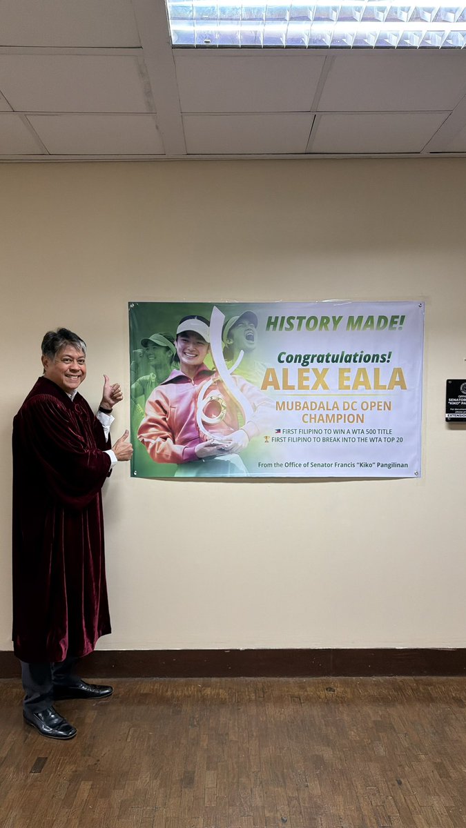 kikopangilinan's tweet photo. Isang maalab na pagbati mula sa aming opisina sa iyong makasaysayang tagumpay sa Mubadala DC Open Final! 

Napakahusay, Alex Eala! Salamat sa inspirasyon! At sa napakagandang balitang sumalubong sa mga Pilipino ngayong araw na ito. Mabuhay ka! Congratulations! https://t.co/fWaX9e29FN