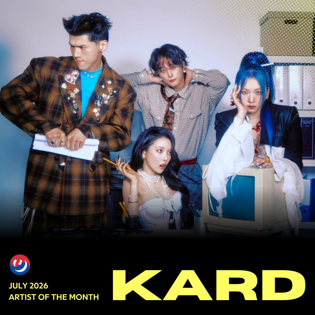 Genius_kor's tweet photo. Genius Korea's July 2026 Pick for Artist of the Month goes to #KARD (@KARD_Official) to celebrate their decade-long career as the most recognized co-ed group in the current K-Pop era. Check out the curated playlist on Genius Korea's Spotify!

🔗 https://t.co/XDFtI9ownT https://t.co/8Z6RLlLm8z