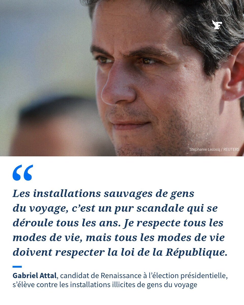 Le_Figaro's tweet photo. Gabriel Attal, candidat de Renaissance à l’élection présidentielle et ancien premier ministre, en visite mardi en Vendée face aux installations illégales de gens du voyage, estime que «tous les modes de vie doivent respecter la loi de la République». →https://t.co/DBbk6qTweQ https://t.co/txsoTQgit5