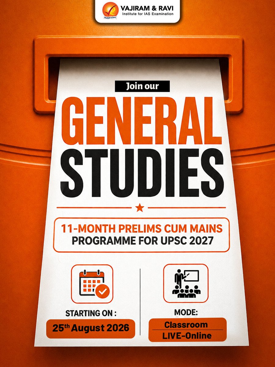 VajiramRavi's tweet photo. General Studies Prelims cum Mains Programme 2027
π
Batch Starts: 25th August 2026
π To Know More: https://t.co/tlGexKNRnx
π For more details, contact us at: 080-622-063-30
#UPSC2027 #UPSCPreparation #GeneralStudies #Prelims2027 #VajiramAndRavi https://t.co/AkNm9P9IUA