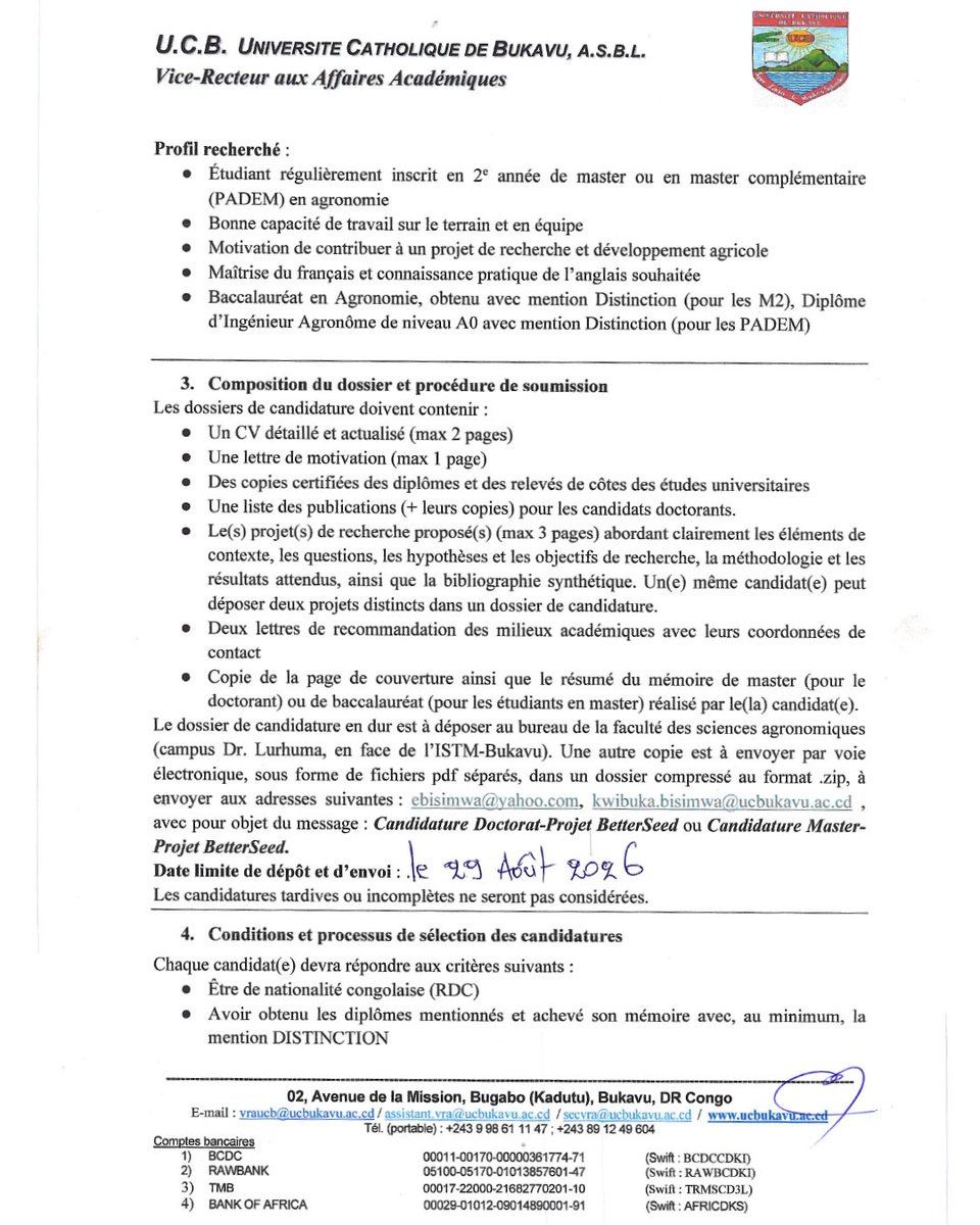 ucbukavu's tweet photo. Appel à candidatures dans le cadre du projet BetterSeeds!
🍃Rejoignez un projet de recherche international dédié à l’amélioration de la production de matériel végétal sain de manioc.

📄 Consultez l’appel complet sur https://t.co/wCou3hLOqQ

#ucbukavu  #opportunity https://t.co/Kk23LbURTK