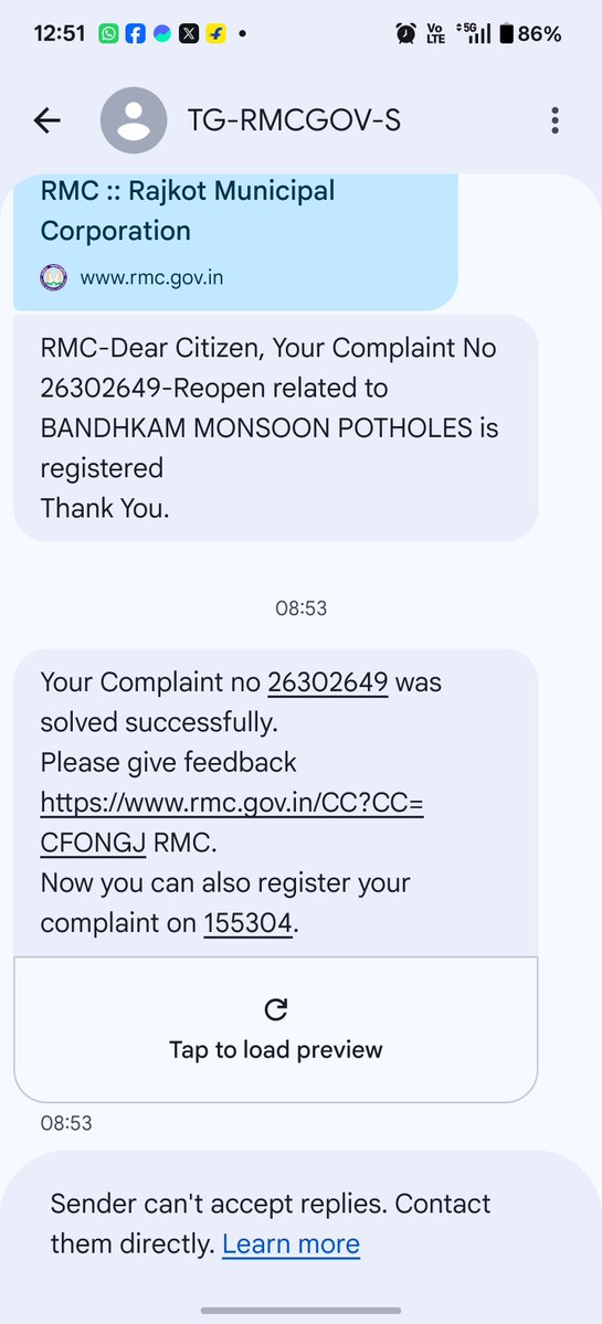 bhatti_soyeb's tweet photo. Registered complaint at RMC portal about road pothole which was dangerous in rain. NOT SOLVED TILL NOW AND IT GOT CLOSED. OPENED AGAIN YESTERDAY AND CLOSED AGAIN TODAY AND MARKED RESOLVED. What to do now?
@smartcityrajkot https://t.co/2MUa2SGST1