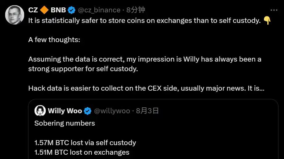 0xadou's tweet photo. 重磅！CZ今天直接放话了：

从统计数据来看，把币放在交易所其实比自己保管更安全！

数据是这样的：
157万枚BTC是自己保管丢的，
151万枚是交易所丢的

CZ说了几句大实话：
Willy一直是“自己保管”的铁粉没问题，但交易所被黑的数据好统计啊，一出事就是大新闻
自己保管丢了、被盗了、seed丢了，很多根本没人报，数据根本收不全

而且那些已经跑路倒闭的交易所，把整个数据给拉低了，像币安这种大所，被黑了基本都会给用户兜底的

CZ最后补了一句：
我不是说哪个更好，两种方式风险不一样，适合的人也不一样

最好的还是平衡着来，别走极端

兄弟们怎么看？自己拿还是放所里？