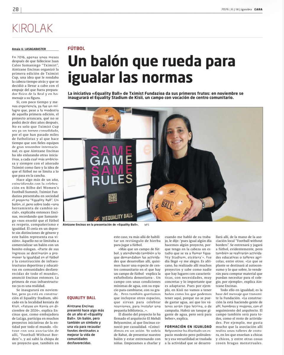 Tximist_NGO's tweet photo. El fútbol es mucho más que un juego. ⚽🌍
En GARA, @AintzaneEncinas, habló sobre la #TximistCup, el #EqualityBall, el #EqualityStadium y todos los proyectos con los que seguimos creando oportunidades e impulsando la igualdad a través del deporte.
#TximistFoundation https://t.co/oWb2A8BPzl