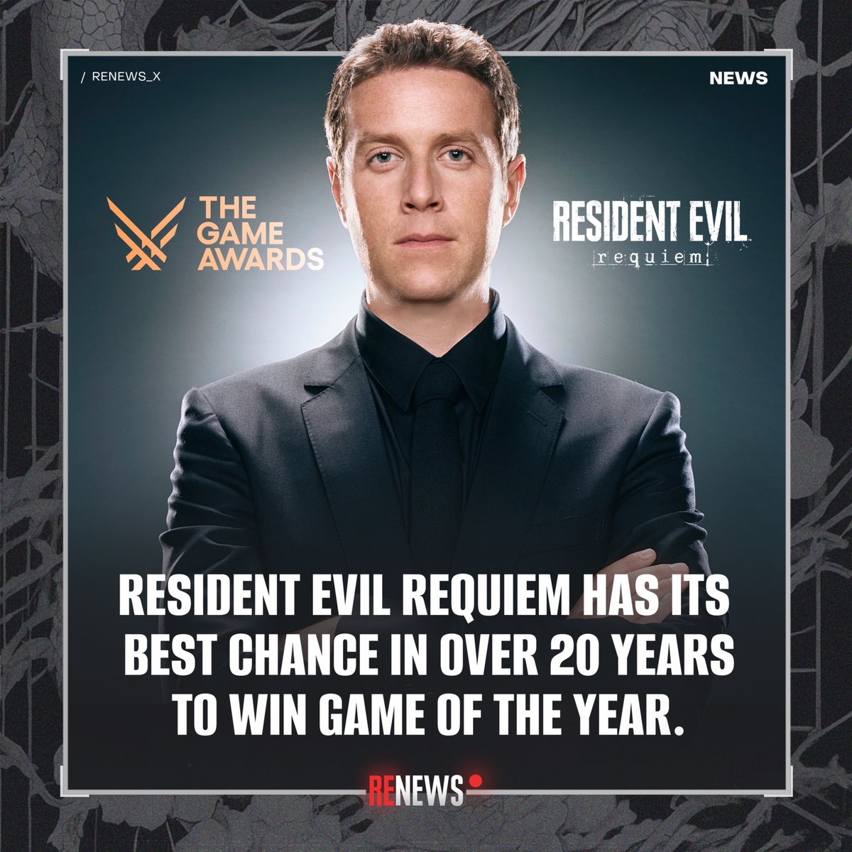 RENews_X's tweet photo. 🏆 Resident Evil Requiem could become the first Resident Evil game in over 20 years to win Game of the Year.

With Grand Theft Auto VI currently set to launch on November 19 and The Game Awards 2026 taking place on December 10, this year's Game of the Year race may come down to one unexpected factor. Timing.

📅 If Rockstar sticks to its current release date, GTA VI will arrive less than three weeks before gaming's biggest awards show. While The Game Awards has not officially announced its 2026 eligibility deadline, it has historically fallen on the third Friday of November. This year, that would be November 20, just one day after GTA VI is scheduled to launch.

That means the game could still qualify, but voters would have very little time to finish and properly evaluate what is expected to be one of the biggest and longest games ever made before casting their ballots.

That is where Resident Evil Requiem enters the conversation. 🤠👋

Released back in February, Requiem has already had months to build its case. The game currently holds an 89 Metacritic score, with 97% positive critic reviews and no negative reviews. Player reception has been just as impressive, with a 9.3 user score and 93% positive user ratings. It has also surpassed 8 million copies sold, making it the fastest selling game in Resident Evil history.

🔎 Resident Evil Requiem's Game of the Year chances are not just fan speculation. A recent analysis asked six independent AI models to evaluate the 2026 Game of the Year race without showing them any betting odds. Every model still ranked GTA VI as the favorite if it launches on time. However, they also agreed that Resident Evil Requiem would become the strongest contender if GTA VI misses the eligibility window.

But for the first time in more than two decades, Resident Evil is not just hoping for a nomination.

💯 It has a real chance to compete for gaming's biggest award.

The last Resident Evil game to win the industry's top Game of the Year honor at the Spike Video Game Awards, the predecessor to today's The Game Awards, was Resident Evil 4 in 2005.

More than twenty years later, Resident Evil Requiem may have the franchise's best opportunity to bring that trophy home once again.