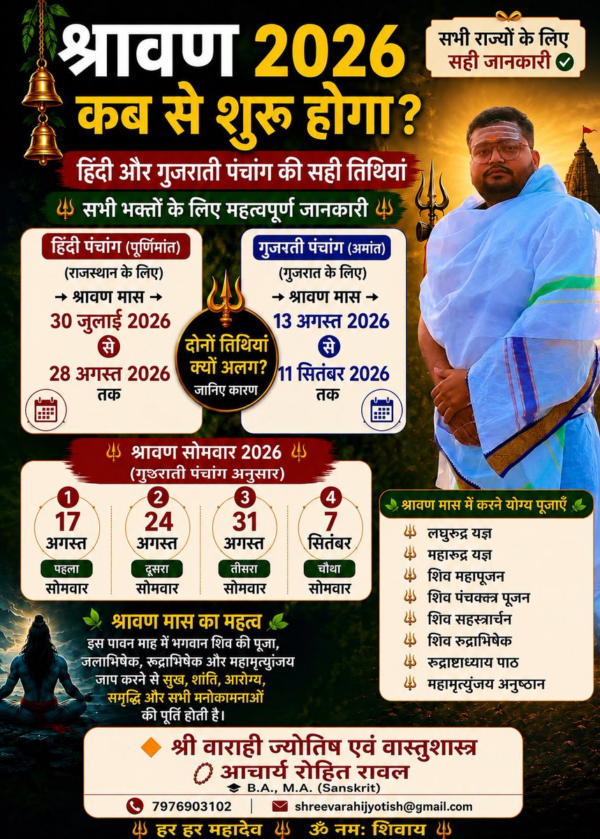AstroRohit108's tweet photo. यदि आप श्रावण मास में
�� रुद्राभिषेक
🔸 महामृत्युंजय अनुष्ठान
🔸 लघुरुद्र / महारुद्र यज्ञ
🔸 शिव सहस्रार्चन

🔸 श्री वाराही ज्योतिष एवं वास्तुशास्त्र
📿 आचार्य रोहित रावल
��� B.A., M.A. (Sanskrit)
📞 7976903102

#Shravan2026 #HarHarMahadev #Rudrabhishek #ShivBhakti #VarahiJyotish https://t.co/QTOez3kH0T