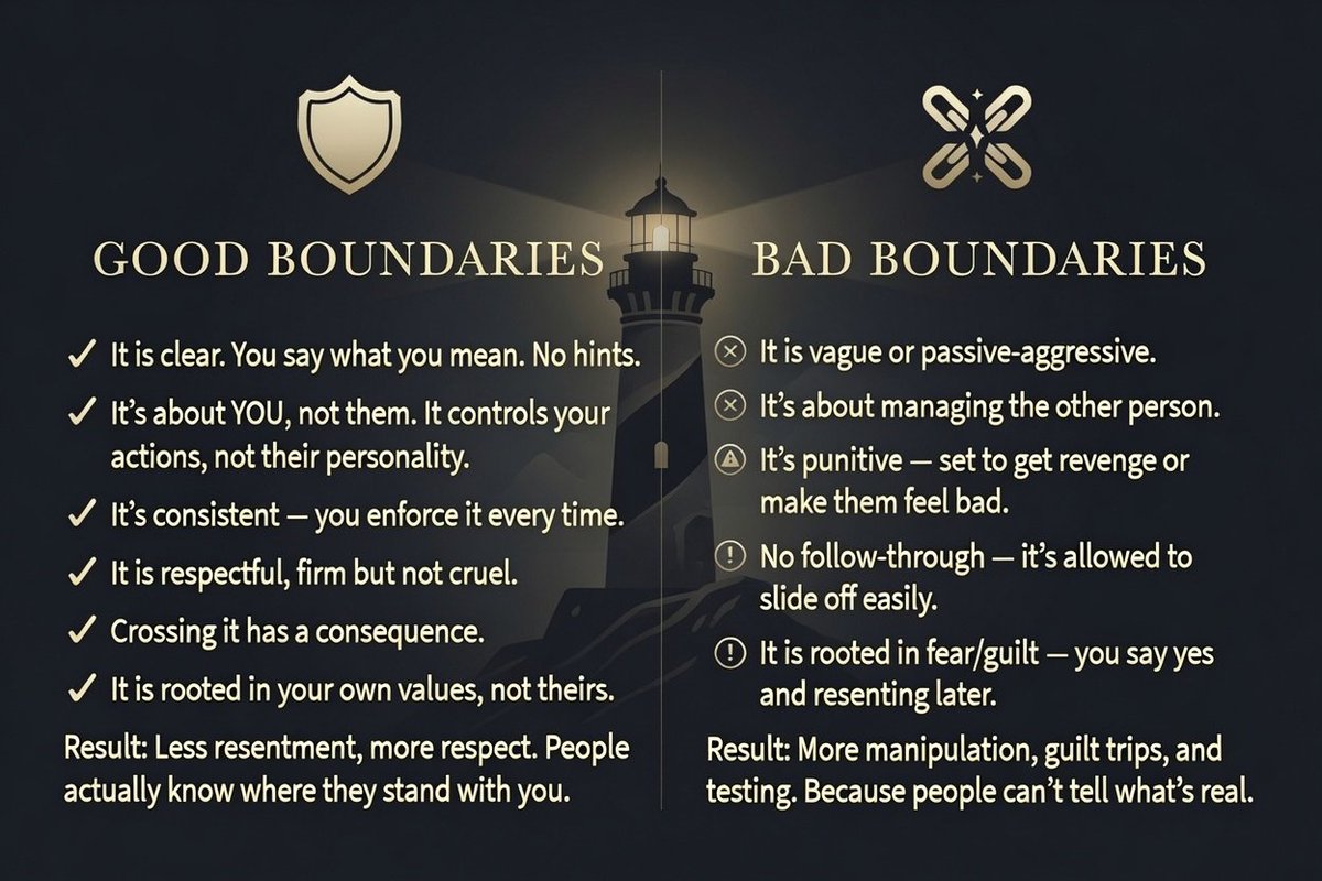 EmpathCovert's tweet photo. Everyone tells you to set boundaries.

Nobody tells you most people are setting bad ones. 

A good boundary vs a bad one looks like this: https://t.co/ECFtLwhpRy