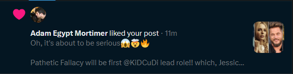 avinger_jr's tweet photo. HOLY CRAP ADAM EGYPT MORTIMER LIKED MY POST!!!!
OH, LET'S FUCKIN GOOOOO!!!!!π₯π₯π₯BUT, CONGRATS THO!!! @adamegypt @KiDCuDi #MADSOLAR #PatheticFallacy https://t.co/9b2npLc5hZ