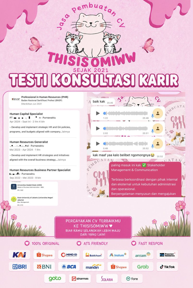 Omimiwmiw2's tweet photo. yuk sama https://t.co/juaUOcIbwM
JASA JOKI BIKIN DAN BUAT CV ATS/Kreatif termantep se x since 2020

udah handle 8.000+ jobseeker mulai dari cv dan rapihin linkedin

free konsultasi karir sama HR langsung https://t.co/ulCQjKgcAg