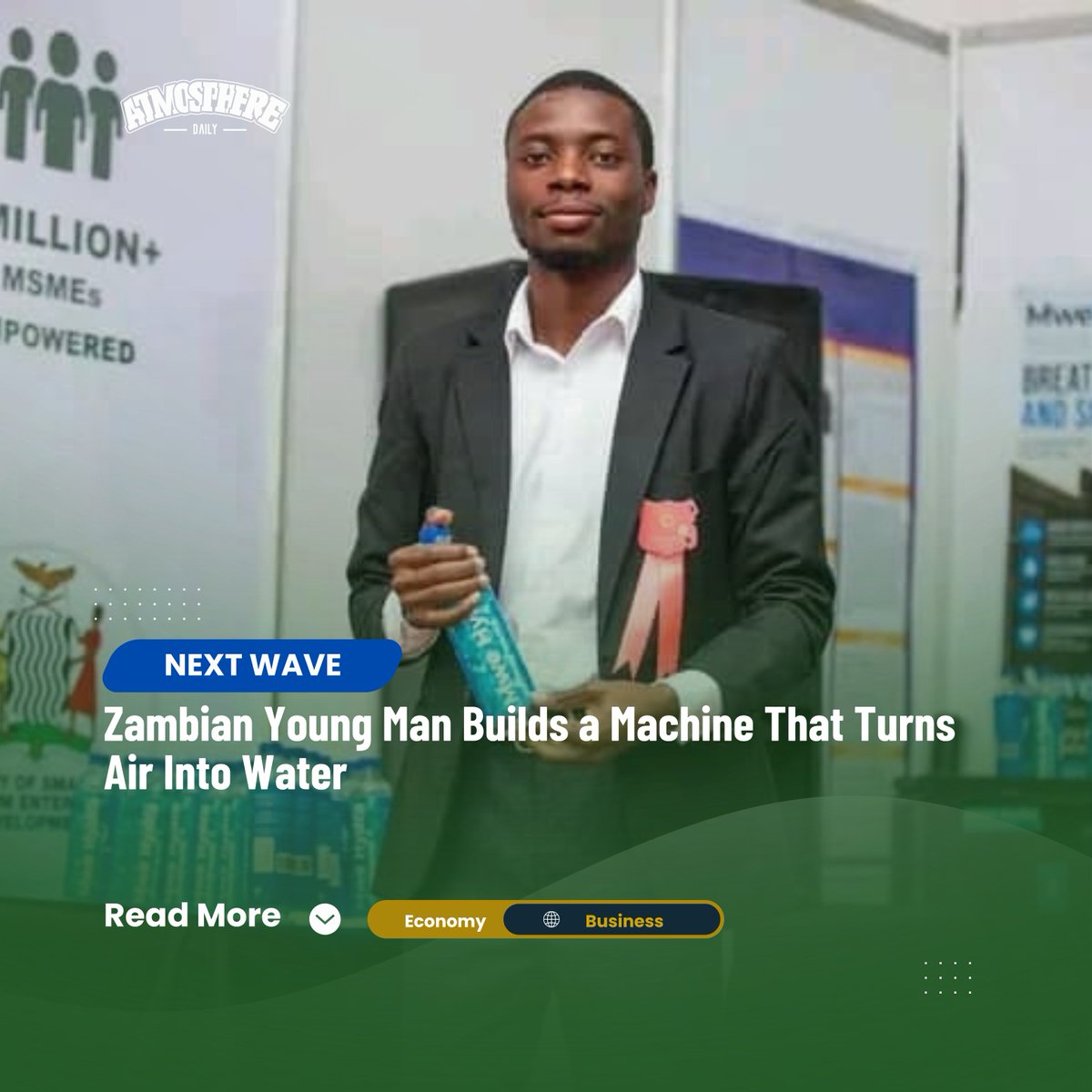 atmospheredaily's tweet photo. Young Zambian innovator George Nyirenda has built a machine that turns air into clean, drinkable water. Inspired by drought in Luangwa, his innovation is now producing Mwetoshi Water, which has been approved by the Zambia Bureau of Standards. https://t.co/BQtFXatkvE