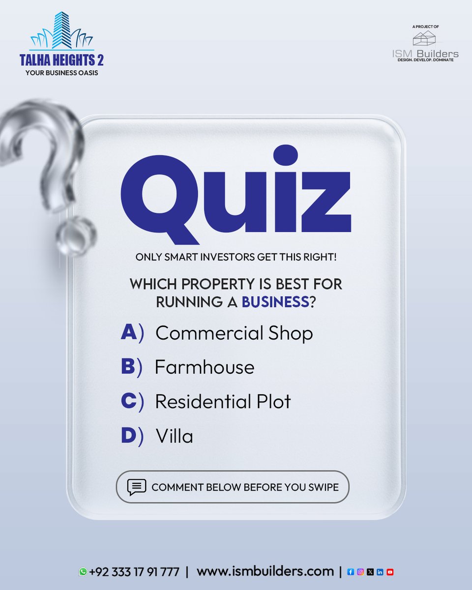 ISMBuilders's tweet photo. Which property is best for running a business?
Commercial Shop
Farmhouse
Residential Plot
Villa
#QuizTime #PropertyQuiz #RealEstateQuiz #DidYouKnow #TestYourKnowledge #GuessTheAnswer #ChallengeYourself #InteractivePost #LearnWithUs #CommercialRealEstate #PropertyInvestment https://t.co/PZFOw8r3b1