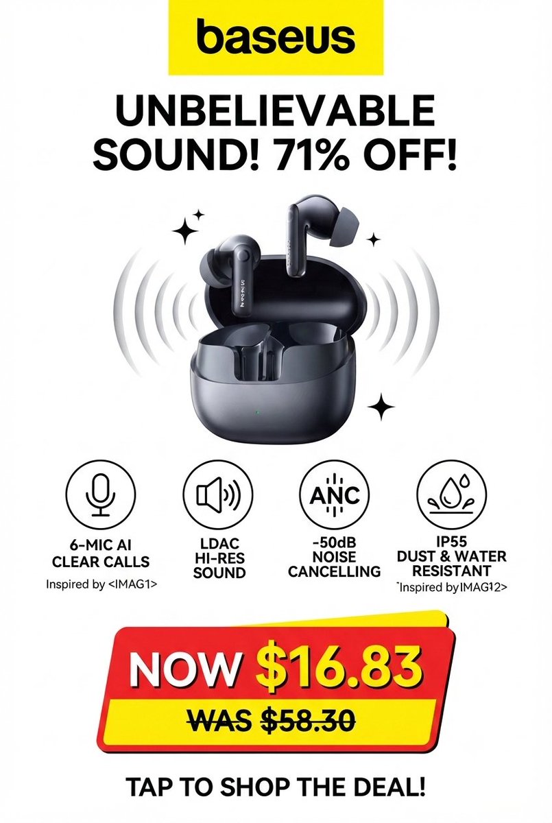 IslamSajja39537's tweet photo. aseus Bass BP1 Pro Wireless Earbuds | -50dB ANC, Bluetooth 6.0, LDAC Hi-Res Audio & AI Clear Calls
#BaseusEarbuds #WirelessEarbuds #BluetoothEarbuds #NoiseCancelling #ANCearbuds #Bluetooth60
ππaliexpress Product Link: https://t.co/PmqpUXyqZf https://t.co/zCko6VW0XM