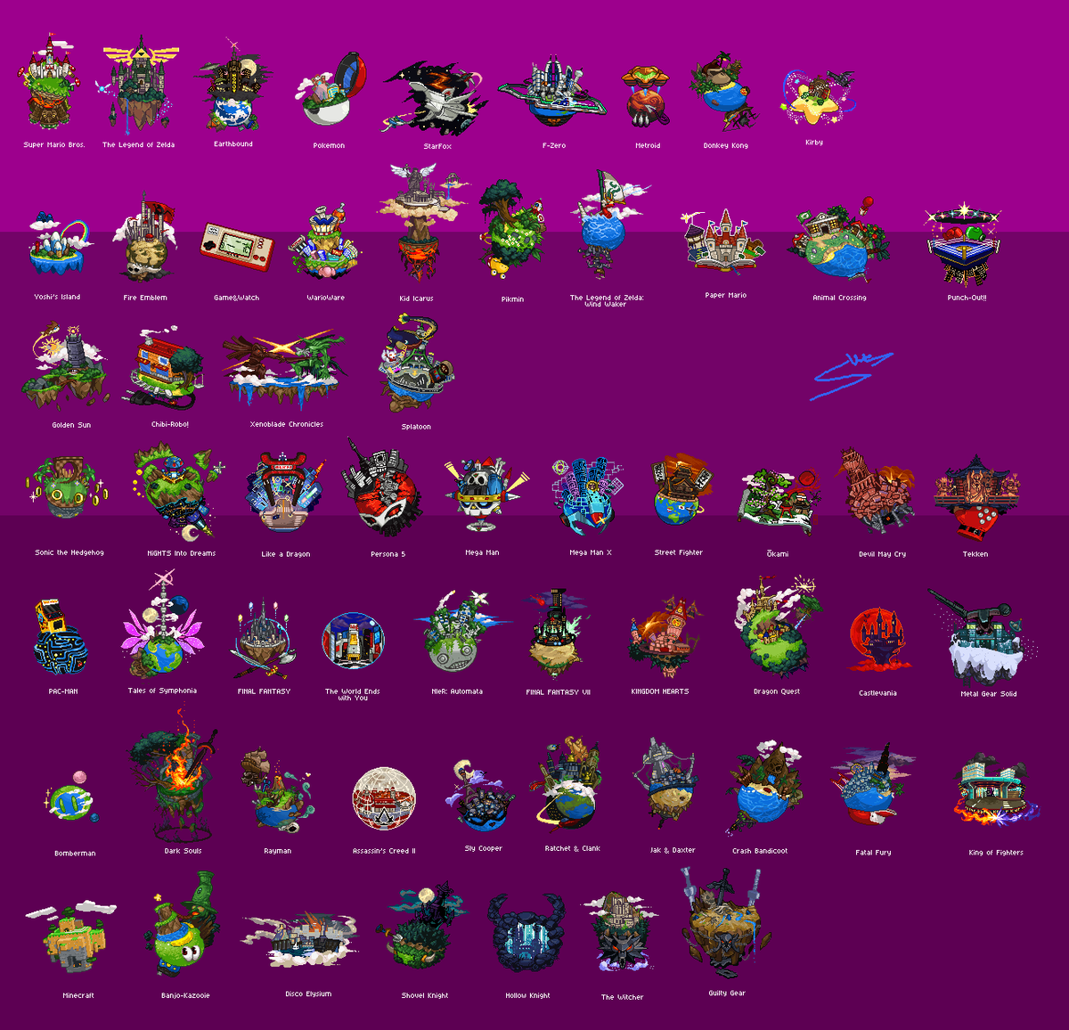 StevenEggplant's tweet photo. Latest updated version. Take your Gummi Ship and go!

#pixelart #nintendo #sega #capcom https://t.co/j6UNWMjQSH