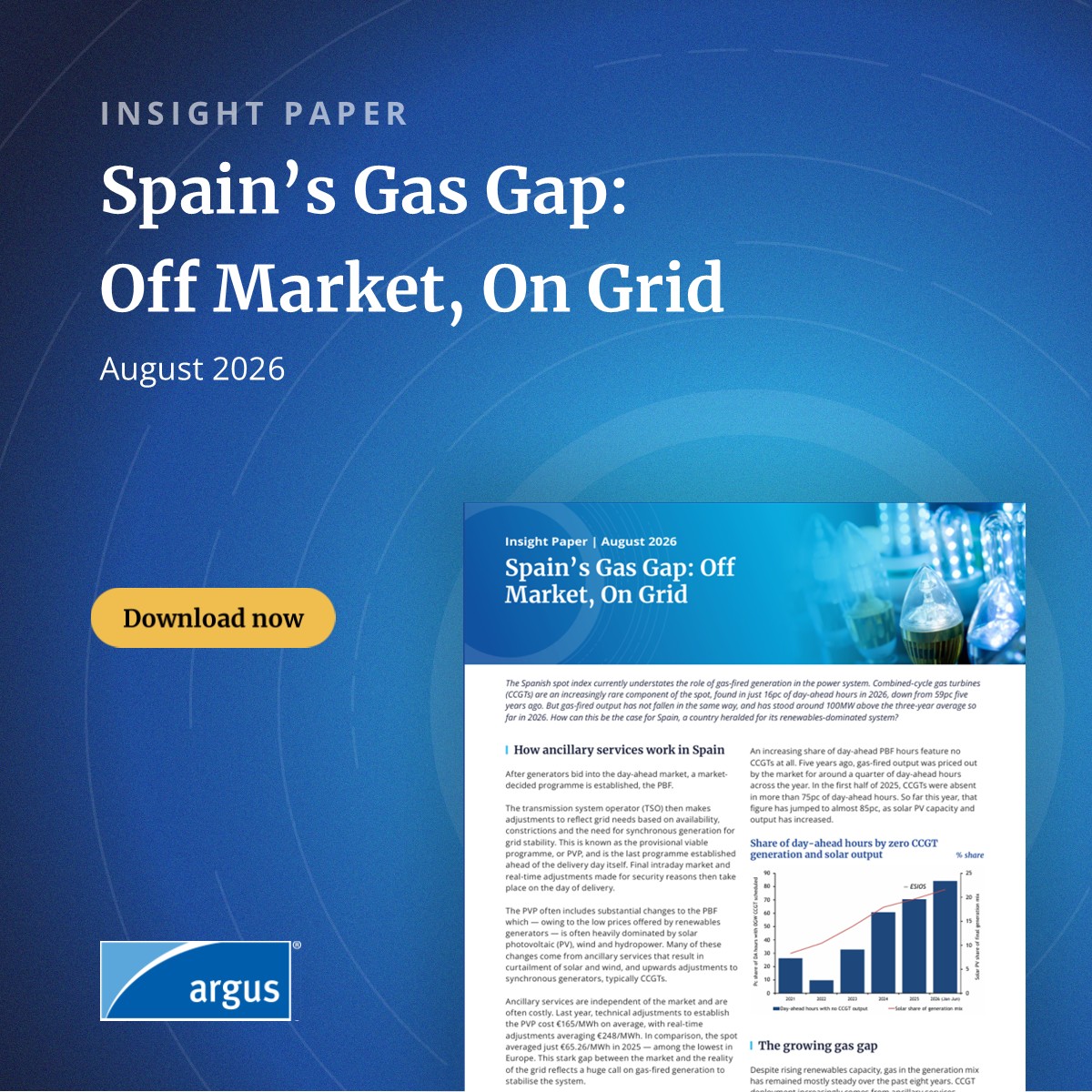 ArgusMedia's tweet photo. 📄 𝗦𝗽𝗮𝗶𝗻'𝘀 𝗚𝗮𝘀 𝗚𝗮𝗽: 𝗢𝗳𝗳 𝗠𝗮𝗿𝗸𝗲𝘁, 𝗢𝗻 𝗚𝗿𝗶𝗱

Why is gas disappearing from Spain’s day-ahead power market but still showing up in the final generation mix?

Our latest paper explores the impact on power prices, solar growth, industrial consumers and grid planning.

📥https://t.co/104R1XWHK3

#IlluminatingTheMarkets #PowerMarkets #Spain