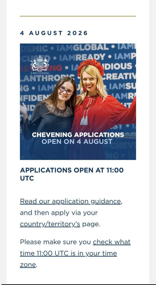 HGBashar's tweet photo. 🇬🇧 CHEVENING SCHOLARSHIP 2027–2028 OPENS TODAY

Chevening is one of the best master’s scholarships anywhere in the world.

It allows outstanding emerging leaders to complete a one-year master’s degree at a UK university while joining a powerful global network of professionals and leaders.

Scholarship benefits

➤ University tuition fees
➤ Economy-class return flight
➤ Monthly living allowance for accommodation and other expenses
➤ UK visa application fee
➤ Arrival allowance
➤ Departure allowance
➤ Contribution towards tuberculosis testing, where required
➤ Travel top-up allowance
➤ Access to networking, professional development and leadership events

Please note that Chevening’s tuition contribution for MBA programmes is capped at £22,000.

Courses

You may choose from eligible master’s programmes across UK universities.

The course must:

➤ Be a full-time taught master’s degree
➤ Be based in the United Kingdom
➤ Start in the autumn term
➤ Last between 9 and 12 months
➤ Lead to a master’s degree qualification

You must select three eligible courses in your Chevening application and apply to the universities separately.

Part-time courses, distance-learning programmes, PhDs and most research-focused MRes programmes are not eligible.

Important dates

📌 Applications open: 4 August 2026 at 11:00 UTC

📌 Application deadline: 6 October 2026 at 11:00 UTC

📌 Successful scholars begin studying in the UK: September or October 2027

Do not wait until the deadline. Start researching your courses and preparing a clear story about your leadership, impact, career plans and reasons for choosing the UK.

A strong Chevening application is not written in one night.

Official application link:
https://t.co/42e9C3VjsG

Course finder:
https://t.co/3xeliAZUXF

Applications open today, 4 August 2026, at 11:00 UTC, which is 12:00 noon in Nigeria and 1:00 pm in France. The page may still show “closed” before that time.