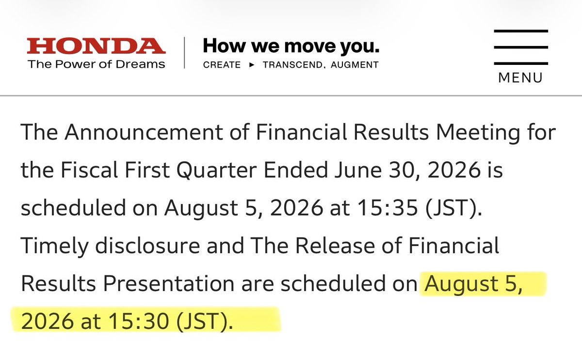 dieci_X10's tweet photo. 8/5(水) 決算　★=時価総額1兆円超え

✅寄り前
【5:00】
🇺🇸AMD    Advanced Micro Devices
🇺🇸SPCX   SpaceX

✅場中
【11:30】
6947　図研
5187　クリエートメディック（⚠️前回15:30）
2730　エディオン
2395　新日本科学
341A　トヨコー（⚠️前回15:30）

【11:40】
2371　カカクコム

【12:00】
7561　ハークスレイ
7075　QLS
9101　日本郵船★ （⚠️前回12:10）
1812　鹿島建設★
5015　ビーピー・カストロール

【12:30】
3036　アルコニックス
4792　山田コンサルティンググループ
9913　日邦産業（⚠️前回17:30）

【13:00】
5406　神戸製鋼所
7270　SUBARU★（HP記載あり）
7013　IHI★（HP記載あり）
6994　指月電機製作所
6768　タムラ製作所（⚠️前回15:00）
4687　TDCソフト
1980　ダイダン
4183　三井化学
3941　レンゴー
3861　王子
2433　博報堂DY
7280　ミツバ
4624　イサム塗料

【13:30】
5189　櫻護謨

【14:00】
1719　安藤・間
9412　スカパーJSAT
9347　日本管財
8524　北洋銀行
8098　稲畑産業（⚠️前回16:00）
7506　ハウスオブローゼ（⚠️前回16:00）
5958　三洋工業（⚠️前回15:30）
5411　JFE★（HP記載あり）
8129　東邦
4826　CIJ
4635　東京インキ
4409　東邦化学工業
5199　不二ラテックス
4403　日油
2784　アルフレッサ（⚠️前回16:30）
1965　テクノ菱和
7269   スズキ★（HP記載あり）

【14:30】
9127　玉井商船（⚠️前回15:00）
7130　ヤマエグループ

【14:40】
8522　名古屋銀行

【15:00】
7239　タチエス
8117　中央自動車工業（⚠️前回14:20）
7963　興研
7246　プレス工業
8386　百十四銀行
7167　めぶきFG★ （⚠️前回12:00）
4968　荒川化学工業
5852　アーレスティ
4471　三洋化成工業
3863　日本製紙
2922　なとり
1814　大末建設
6674　GSユアサ

✅引け後
【15:30】
7267    ホンダ★（英語版HPのみ記載ありww）
6996　ニチコン
6976　太陽誘電★
6963　ローム★
6958　日本シイエムケイ
6941　山一電機
6894　パルステック工業
6745　ホーチキ
6730　アクセル
6481　THK
6678　テクノメディカ
6479　ミネベアミツミ★
6363　酉島製作所
6328　荏原実業
6307　サンセイ
6226　守谷輸送機工業
6013　タクマ
5988　パイオラックス
6724　セイコーエプソン★
7164　全国保証
7384　プロクレア
7284　盟和産業
5956　トーソー
9619　イチネン
9543　静岡ガス
9405　朝日放送グループ
9090　AZ-COM丸和
9021　西日本旅客鉄道★
9010　富士急行
9006　京浜急行電鉄
7186　横浜FG★
8844　コスモスイニシア
8150　三信電気
8107　キムラタン
8056　BIPROGY
7991　マミヤ・オーピー
7979　松風
7938　リーガルコーポレーション
7745　A&Dホロン
7459　メディパル
8395　佐賀銀行
5851　リョービ
2801　キッコーマン★
5563　新日本電工
3433　トーカロ
3426　アトムリビンテック
3395　サンマルク🥐
3386　コスモ・バイオ
3302　帝国繊維
3166　OCHI
3110　日東紡績
3002　グンゼ
2980　SRE
297A　アルピコ
2676　高千穂交易
2335　キューブシステム
2307　クロスキャット
2269　明治★
2206　江崎グリコ
2138　クルーズ
5660　神鋼鋼線工業
3628　データホライゾン
3668　コロプラ
3232　三重交通グループ
3836　アバントグループ
5480　日本冶金工業
5301　東海カーボン
4972　綜研化学
3690　イルグルム
4911　資生堂★
4847　インテリジェントウェイブ
4772　SM ENTERTAINMENT JAPAN
4615　神東塗料
4512　わかもと製薬
4951　エステー
4483　JMDC
4477　BASE
3910　エムケイシステム
4452　花王★🌛
4388　エーアイ
4385　メルカリ（衝動買いしたたこ焼き機使った回数1回）
4326　インテージ
4320　CE
4503　アステラス製薬★

【15:31】
7177　GMOフィナンシャル
【15:35】
6645　オムロン★
【15:40】
6103　オークマ
【15:45】
7760　IMV
2432　DeNA🧬
【15:50】
7220　武蔵精密工業

【16:00】
8151　東陽テクニカ
8113　ユニ・チャーム★
6998　日本タングステン
9130　共栄タンカー
5901　東洋製罐グループ
5284　ヤマウ
4918　アイビー化粧品
4719　アルファシステムズ
4674　クレスコ
4558　中京医薬品
6322　タクミナ
3150　グリムス
130A　Veritas In Silico
1720　東急建設
1762　高松コンストラクショングループ
1793　大本組
4548　生化学工業
2136　ヒップ
2425　ケアサービス
3059　ヒラキ
1926　ライト工業
2937   サンクゼール

【16:20】
5384　フジミインコーポレーテッド

【16:30】
330A　TalentX
4671　ファルコ
8159　立花エレテック
9713　ロイヤルホテル

【17:00】
6877　OBARA GROUP

※時刻は前年同期決算参照の為、変更あり