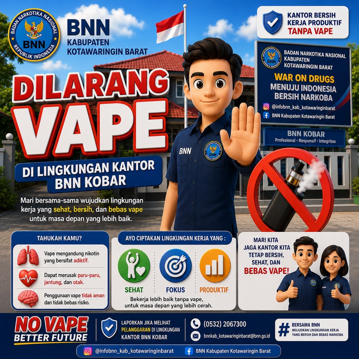 INFOBNNKKOBAR's tweet photo. BNN kabupaten Kotawaringin Barat Melarang penggunaan Vape bagi pegawai maupun pengunjung di dalam lingkungan Kantor BNN Kabupaten Kotawaringin Barat. 
#warondrugsforhumanity https://t.co/cmhmCerFKG