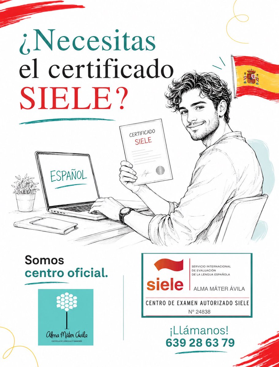 ESTERDECASTRO's tweet photo. ¿Necesitas obtener el certificado SIELE?En Alma Máter Ávila somos Centro de Examen Autorizado SIELE, número 24838. Realiza con nosotros tu examen y acredita oficialmente tu nivel de español.Infórmate sobre las convocatorias y el proceso de inscripción.Llámanos: 639 28 63 79 https://t.co/T2WeWgBzwn