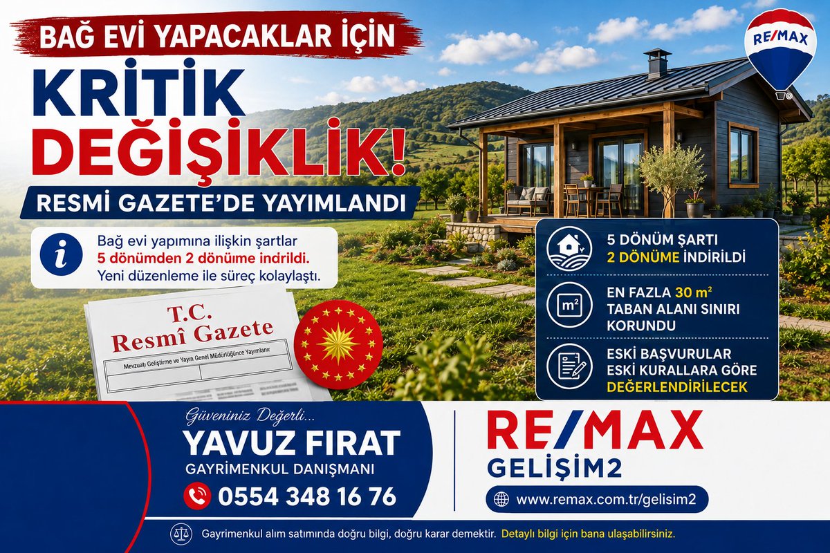 RemaxFirat's tweet photo. Tarım arazileri yönetmeliği değişti! Bağ evi için arazi şartı 2 hektara indirildi

#arsa #arazi #tarla #gayrimenkul #emlak https://t.co/PDIIZdK71E