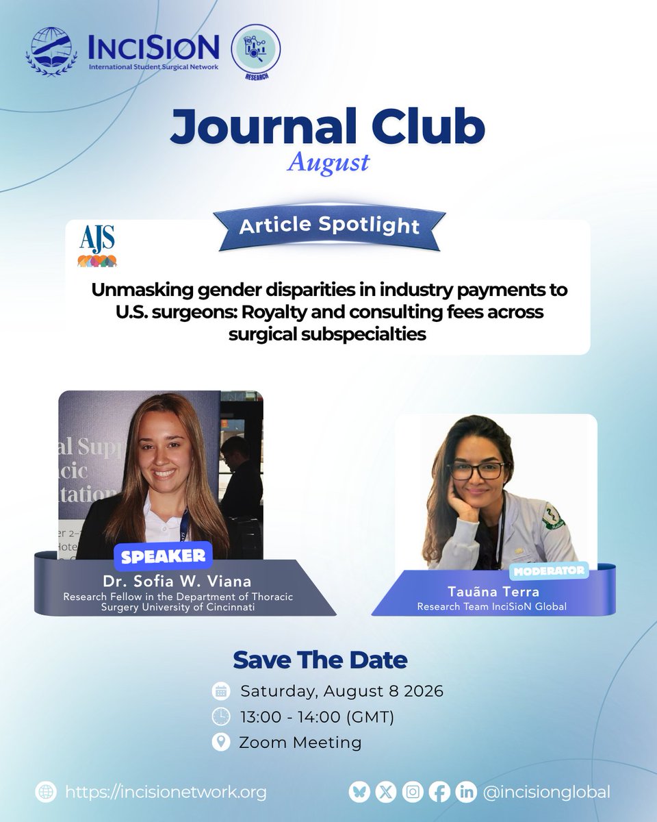InciSioNGlobal's tweet photo. 🎙️ Speaker: Dr. Sofia W. Viana (@UofCincy), former InciSioN Chair (2023–24)
📄 Unmasking gender disparities in industry payments to U.S. surgeons
📅 Aug 8 | ⏰ 13:00 GMT | 💻 Zoom
Register: https://t.co/Ns5WqOTucw
#GlobalSurgery #WomenInSurgery #Research #JournalClub https://t.co/a8rnSd7ihy