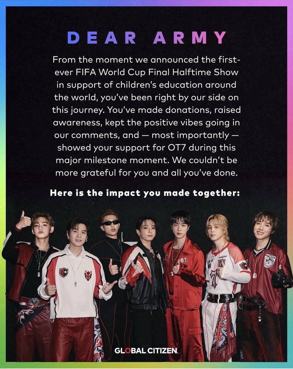 _BTSMoments's tweet photo. Global Citizen thanks ARMY for their support..!

"ARMY, thank you for your incredible support over the past couple of months 💜⁷

From the very first day, you've showed up in full force, helping amplify the FIFA Global Citizen Education Fund and our mission to expand access to quality education and sport for children all around the world.

From raising over half of the total amount during the Christie's One Goal auction to personally donating over $50,000 to the
FIFA Global Citizen Fund to uplifting our community in comment sections throughout the Halftime Show campaign, we're honored to have had you along for the journey with us.We are in awe of the impact you've made and the community you've built.

Thank you for being there for #BTS and for children around the world 🫶 We love you ARMY!"

(https://t.co/xtmQWjCfAv)