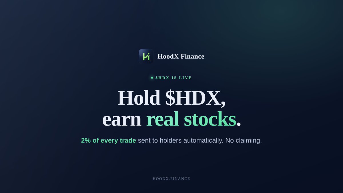 hoodxfinance's tweet photo. $HDX is live.

Hold $HDX → earn real tokenized stocks. AAPL, NVDA, TSLA & more, sent to your wallet automatically.

• 2% to holders on every trade
• Liquidity locked, distributor locked

Built on @RobinhoodApp 
0x19Aac52AF5F735bEE21B708F8C76B62C4A96895a

https://t.co/Qo8whZAny6